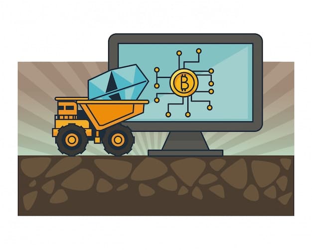 An illustration depicting the Bitcoin blockchain and various technological components, such as mining rigs and coding interfaces.