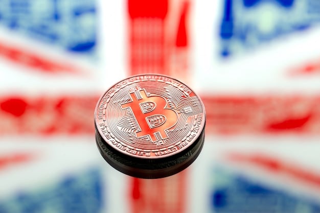 A close-up of a Bitcoin coin with the reflection of the US flag subtly visible in its surface, symbolizing the intersection of cryptocurrency and American investment markets.