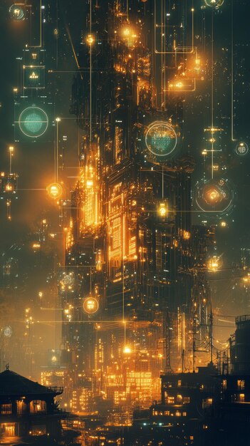 A futuristic cityscape with glowing blockchain networks overlaying traditional financial buildings, representing the convergence of traditional finance and blockchain technology through security tokens.