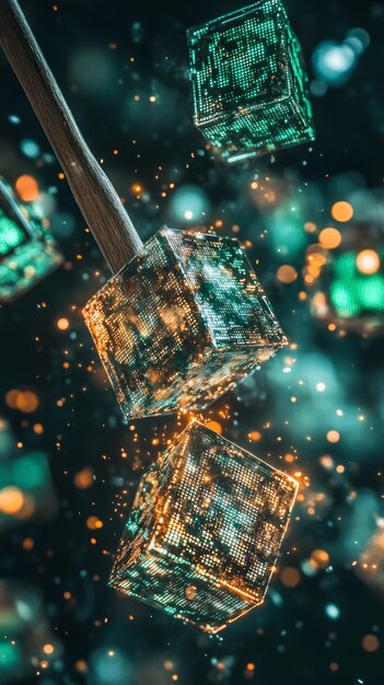 An abstract representation of blockchain technology with interconnected nodes and data blocks, symbolizing the decentralized and transparent nature of cryptocurrencies.