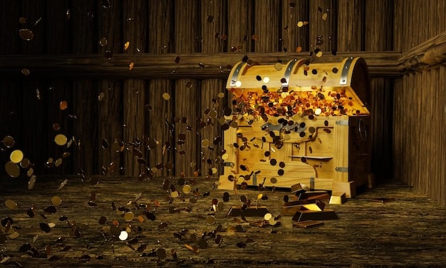 A stylized image of a treasure chest overflowing with various cryptocurrency tokens, with airdrops falling from the sky. The scene conveys the excitement and potential rewards of participating in altcoin airdrops.