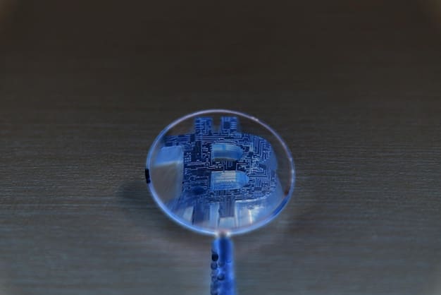 A magnifying glass focusing on an altcoin ticker symbol on a digital screen, with fluctuating red and green arrows surrounding it, symbolizing the detailed analysis required to understand altcoin volatility.