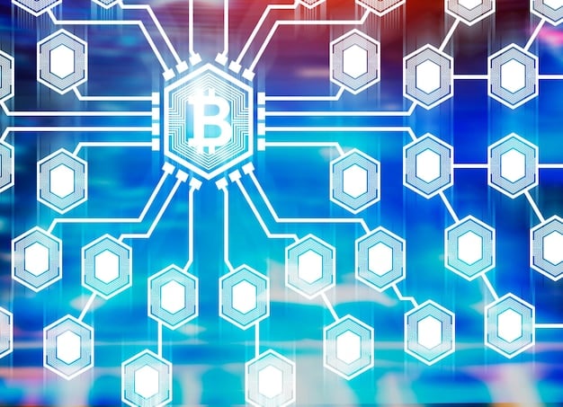 A graphic representation of a blockchain network with interconnected nodes. Each node has a shield icon on top, symbolizing security and protection. The network is vibrant and active, indicating a robust and resilient system.