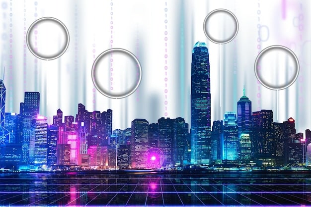 A futuristic cityscape representing the Ethereum network, with glowing lines connecting buildings symbolizing transactions and data flow, and prominent icons of popular DeFi platforms like Aave, Compound, and MakerDAO overlaid on the scene.