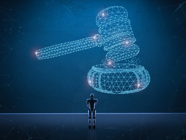 A gavel striking a digital blockchain, representing the enforcement of regulations within the DeFi space. It should symbolize the balance between innovation and compliance.