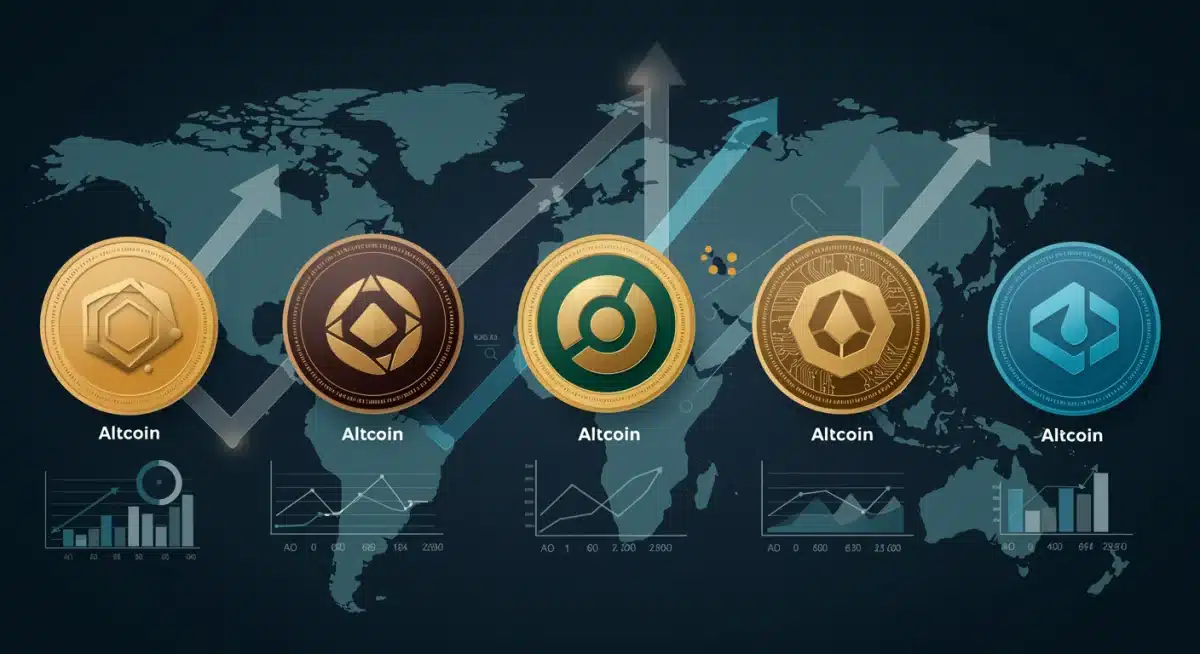 Infographic displaying five altcoin logos with growth arrows over a US map, highlighting technological strengths.