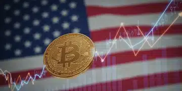 Dynamic Bitcoin price chart with US flag, illustrating market volatility for traders.