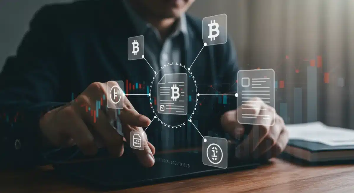 Interconnected legal documents and digital graphs showing SEC crypto compliance strategies.