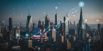 Futuristic cityscape with glowing blockchain connections and upward trend graph, symbolizing altcoin growth in the US market.