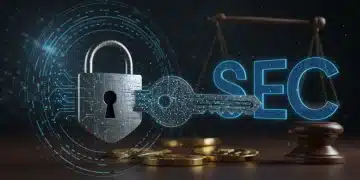 Illustration of digital lock, key, and blockchain representing SEC crypto compliance in 2025.