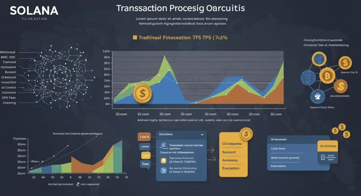 Infographic comparing Solana's transaction speeds and fees to other blockchains and traditional finance, emphasizing its efficiency.