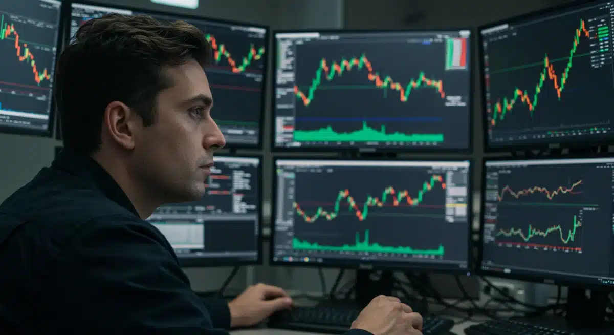 Trader analyzing multiple crypto charts and data screens, demonstrating market analysis.