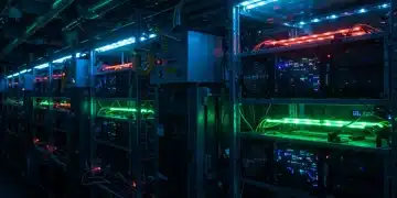 Bitcoin mining farm operations in the US during late 2024, showcasing advanced ASIC miners and efficient cooling.