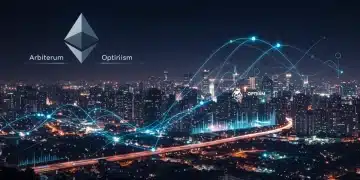 Futuristic digital cityscape illustrating the scalability and efficiency of layer-2 solutions like Arbitrum and Optimism on the Ethereum blockchain.