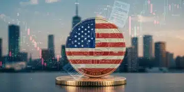 Illustration of US stablecoin regulation impacting a digital coin, with legal documents and financial data.