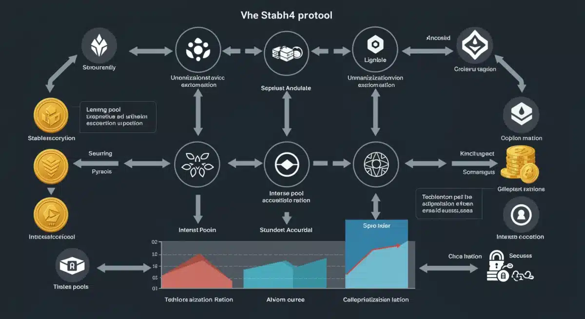 Infographic illustrating Aave V4 stablecoin lending protocol mechanics