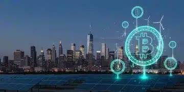 Futuristic Bitcoin symbols with green energy infrastructure over a U.S. city, symbolizing sustainable crypto mining.