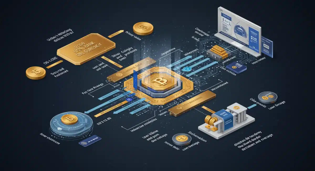 Intricate network of digital nodes and data streams, depicting the regulatory and technological complexity of a US CBDC.
