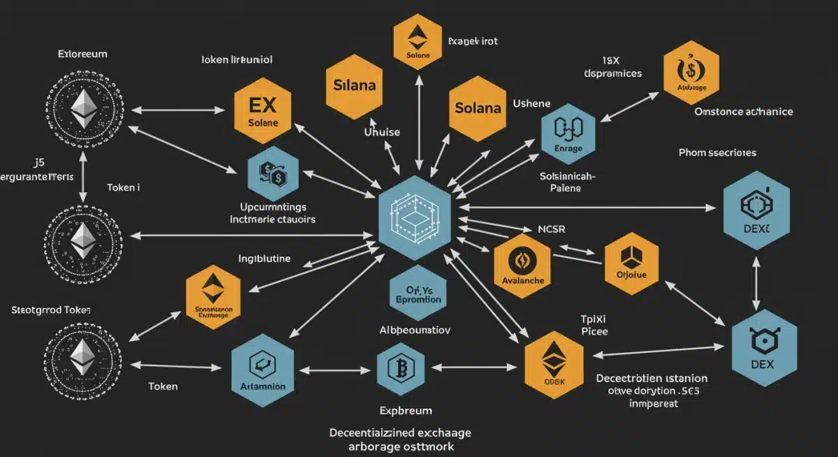 Diagram of interconnected blockchain networks and DEXs for cross-chain arbitrage