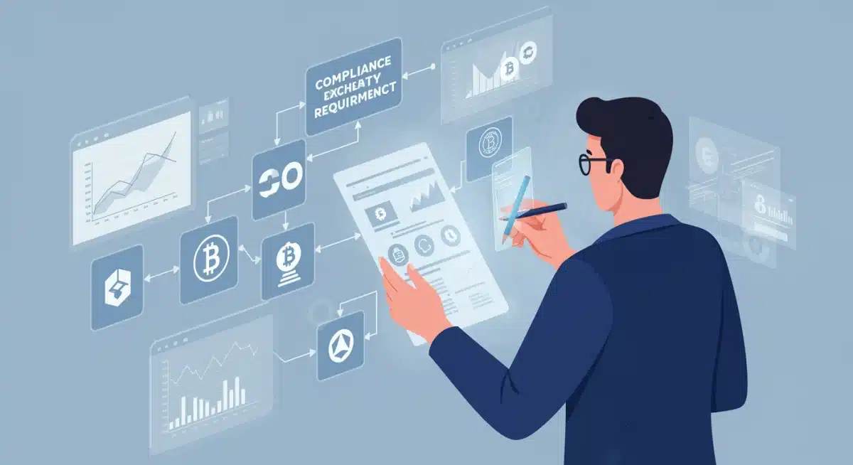 Compliance officer reviewing complex regulatory flowchart for crypto exchange, surrounded by data analytics.