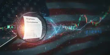 Digital ledger with compliance documents, magnifying glass, US flag elements, and financial charts representing crypto regulatory risk minimization.