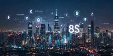 Futuristic digital cityscape with blockchain networks and 8% gain graph for DeFi arbitrage
