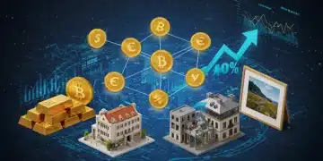 Digital assets representing real estate, gold, and art tokenized on a blockchain with a rising market chart.