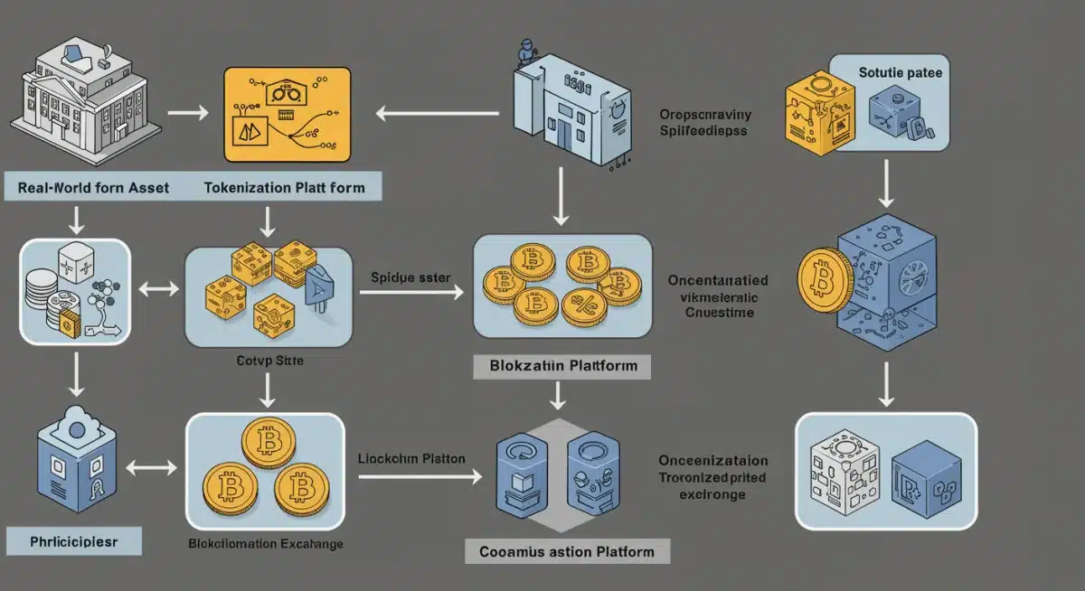 Infographic illustrating the tokenization process of real-world assets on a blockchain.