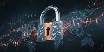 SEC logo over digital padlock on blockchain, representing crypto regulation