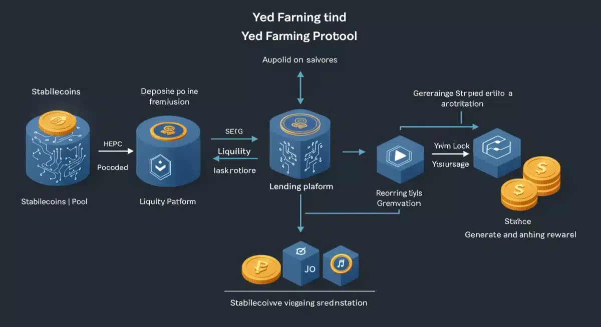 Infographic illustrating the process of stablecoin yield farming, from deposit to interest generation.