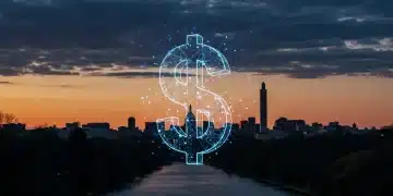 Futuristic digital US dollar symbol with blockchain elements over Washington D.C. skyline, representing a 2026 US CBDC.