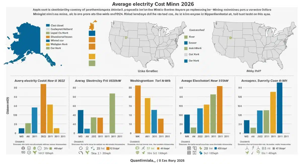 Quarterly U.S. electricity cost breakdown for Bitcoin mining in 2026, by region.