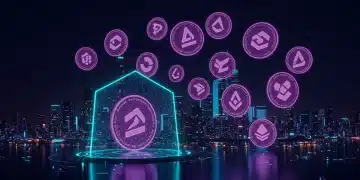 Futuristic cityscape with altcoin logos and a protective shield, symbolizing risk mitigation in 2026 crypto market.