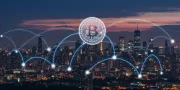 Futuristic cityscape with lightning network connections for faster Bitcoin transactions in the U.S.