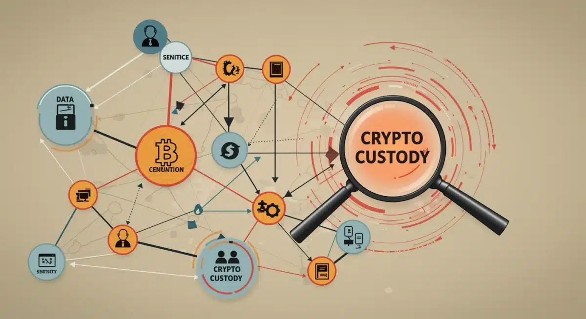 Data network showing privacy regulations impacting crypto custody, under magnified scrutiny.