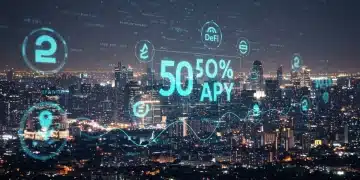 Futuristic digital cityscape with altcoin symbols and 50% APY holographic projection.