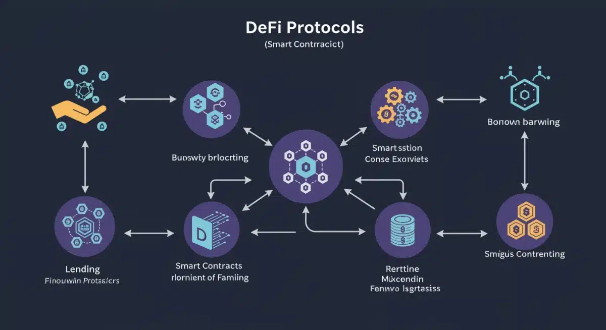 Infographic illustrating interconnected DeFi protocols and financial flows.