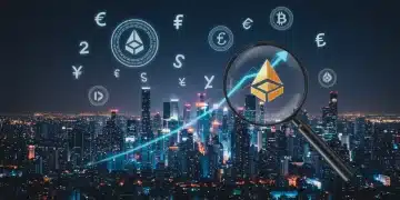 Futuristic digital city with glowing altcoin symbols and a magnifying glass over a rising chart, symbolizing 2026 altcoin analysis.