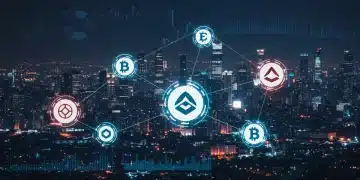 Futuristic blockchain network with data insights, representing sustainable altcoin utility for 2026.