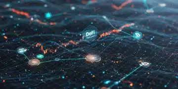 Futuristic DeFi flash loan network with interconnected nodes and profit graphs