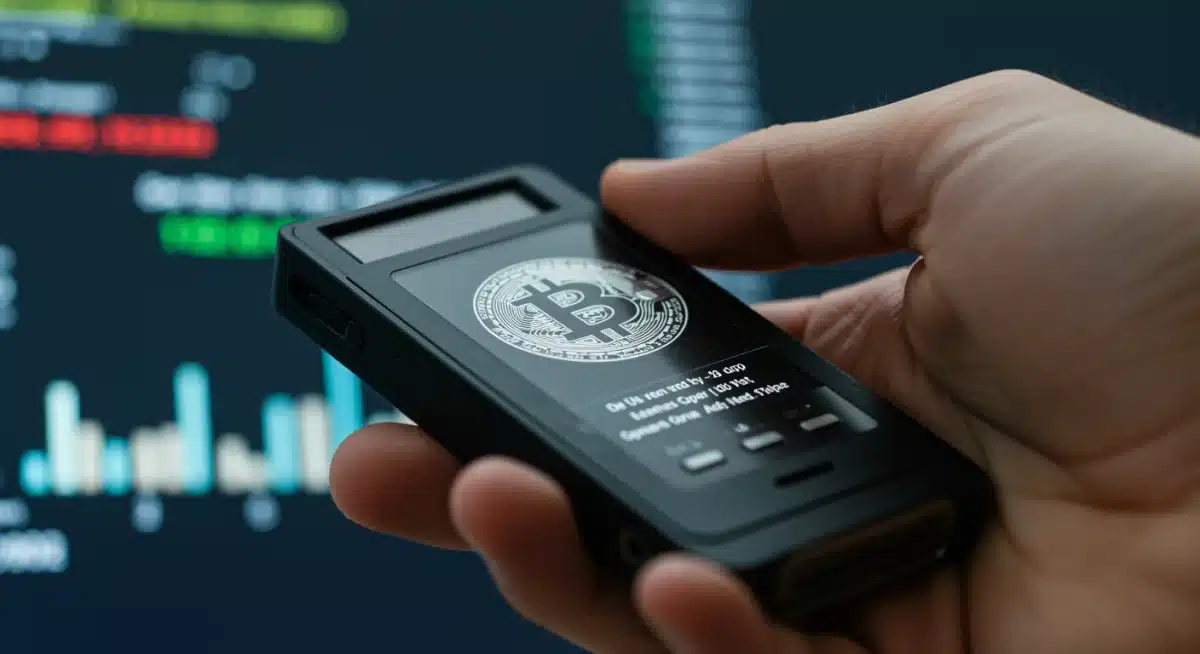Individual securing Bitcoin with a hardware wallet in 2025, highlighting self-custody