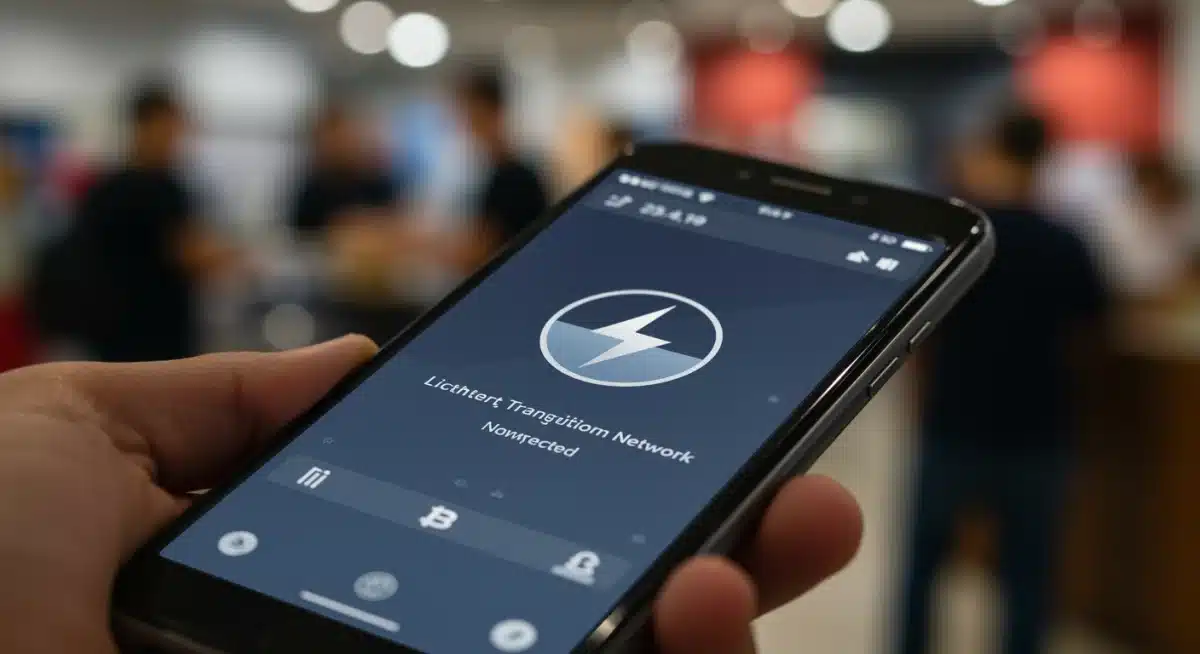 Smartphone showing instant Lightning Network transaction in a retail setting.