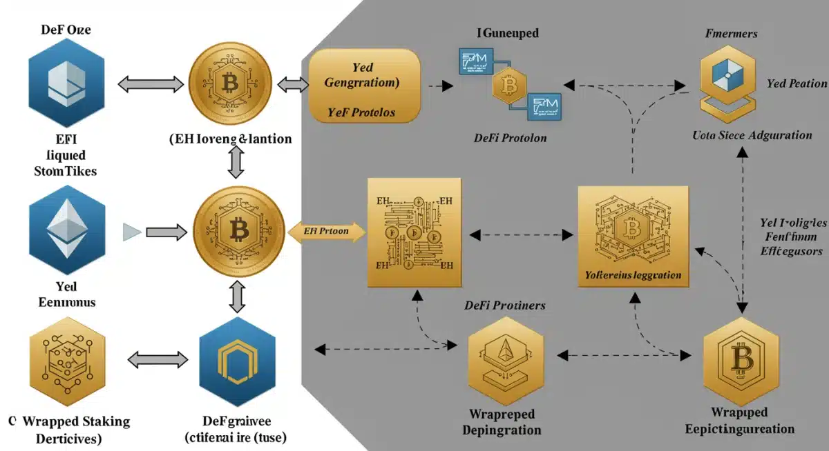 Liquid Staking Derivatives (LSDs) illustrating capital flow and yield generation across DeFi protocols.