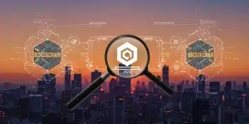 Futuristic city with blockchain, magnifying glass over crypto startup, symbolizing US crypto regulatory sandbox programs in 2025.