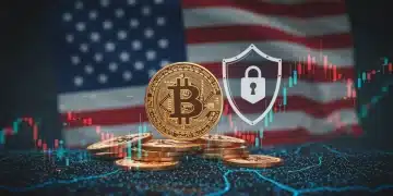 Futuristic Bitcoin market graph with protective shield, US context, 2026