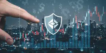 Graph showing Bitcoin price volatility with a protective shield, indicating risk mitigation for U.S. investors in 2026.