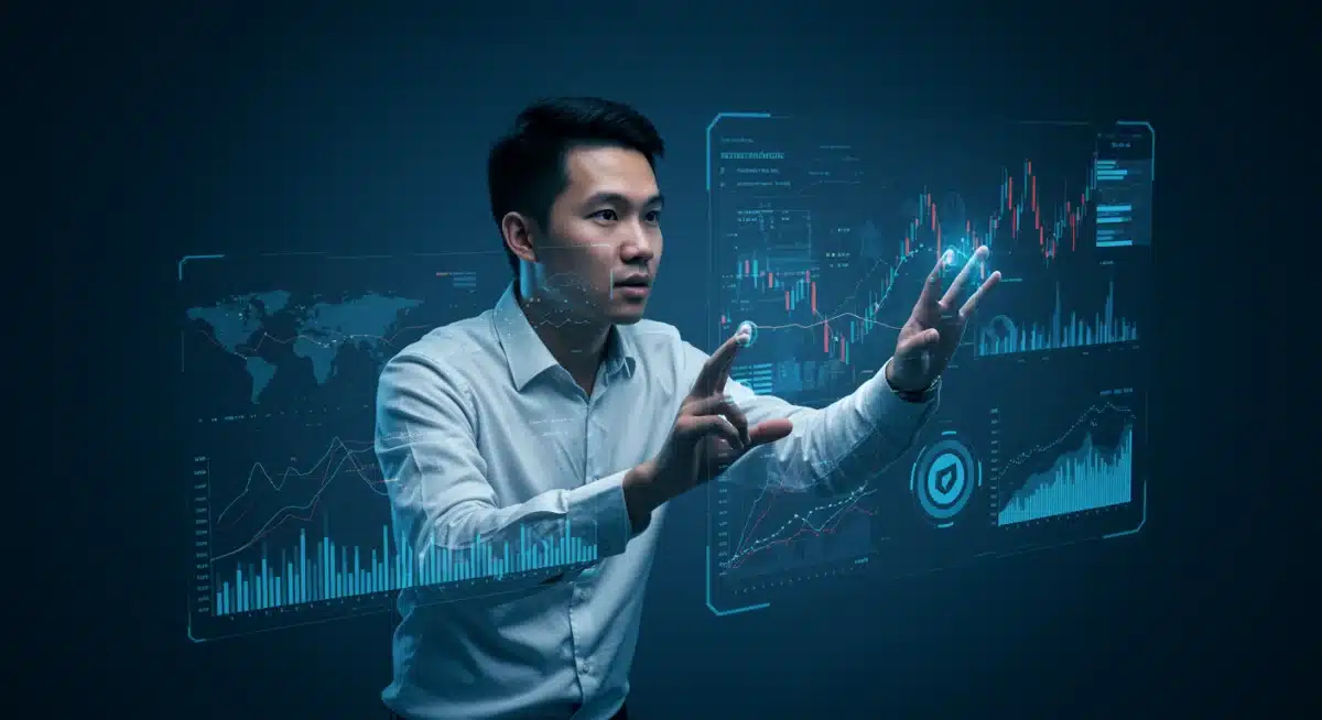 Person analyzing crypto charts on holographic display, active portfolio management