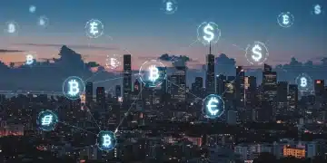 Futuristic cityscape with blockchain networks and US regulatory compliance symbols, representing altcoin growth potential.