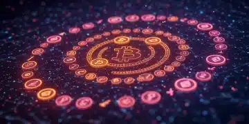 Abstract illustration of altcoin market cycles with crypto symbols and blockchain network.