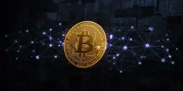 Futuristic digital network with Bitcoin logo, symbolizing robust security